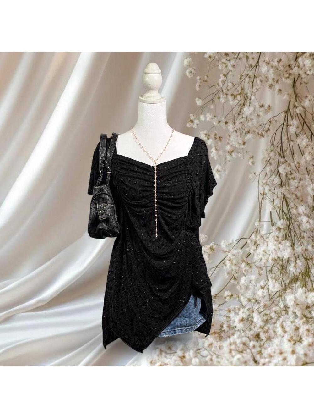 ONYX NITE GLITTER HANDKERCHIEF TUNIC TOP BLACK